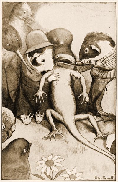 كان السحلية الصغيرة المسكينة بيل في المنتصف معلقة ، مثال توضيحي لمغامرات لويس كارولز أليس في بلاد العجائب ، 1901 بواسطة بيتر نيويل